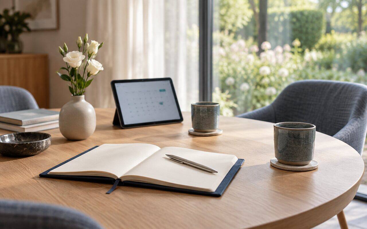 Rustige gesprekstafel met een opengeslagen notitieboek, witte bloemen en een tablet met een agenda