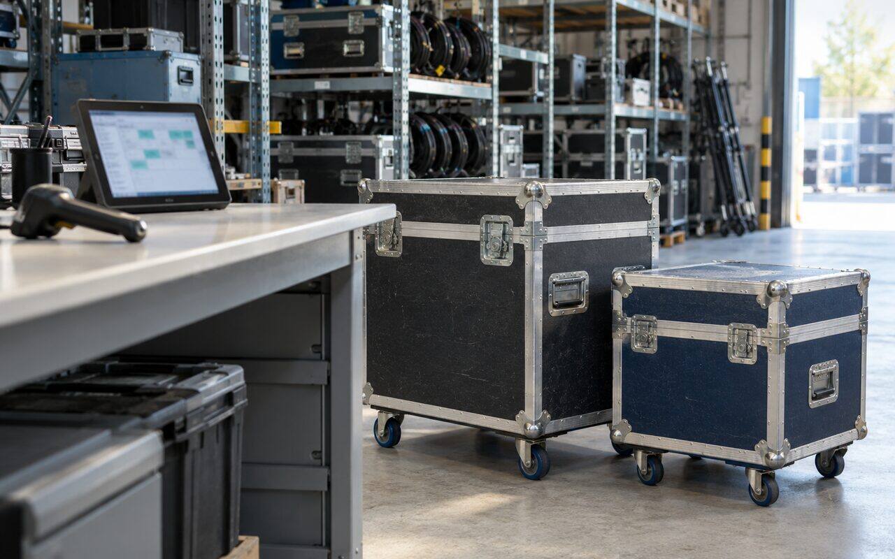 Verhuurloods met flightcases op wielen en een tablet met planningsoverzicht op de werkbank